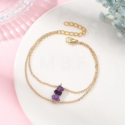 Brass Cable Chains & Natural Amethyst Chip Beads Double Layers Bracelets for Women BJEW-JB14134-03-1