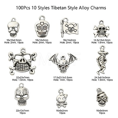 100Pcs 10 Styles Tibetan Style Alloy Pendants SKUL-CJ0001-01-1