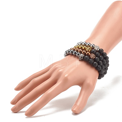 4Pcs 4 Color Natural Lava Rock & Synthetic Hematite Round Beaded Stretch Bracelets Set BJEW-JB07886-1