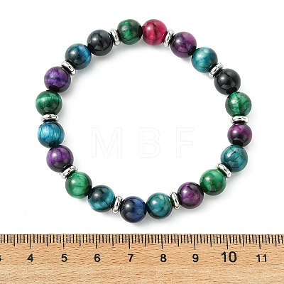 Dyed & Heated Natural Tiger Eye & Brass Round Beaded Stretch Bracelets for Women Men BJEW-JB13933-1