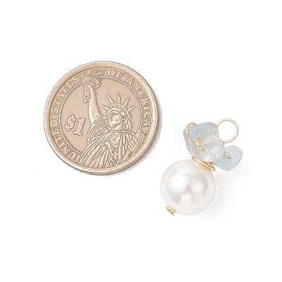 Natural Aquamarine Chip with Copper Wire Wrapped Shell Pearl Pendants PALLOY-JF04951-02-1