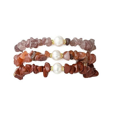 3Pcs 3 Styles Natural Mixed Gemstone Chip & Cultured Freshwater Pearl Beaded Stretch Bracelets Set for Women BJEW-JB13762-07-1