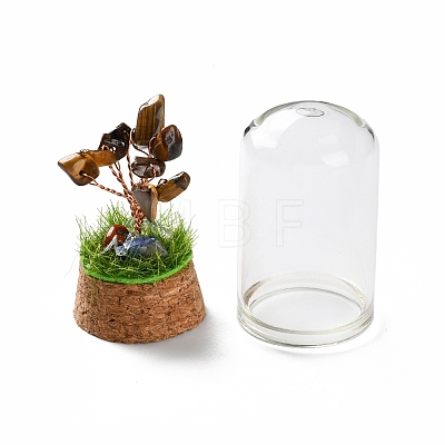 Natural Tiger Eye Chips Money Tree in Dome Glass Bell Jars with Wood Base Display Decorations DJEW-K030-02D-1