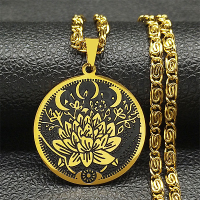 304 Stainless Steel Lunar Lotus Talisman Pendant Necklaces NJEW-S007-21G-1