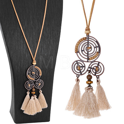Boho Alloy Spiral and Cotton Tassel Pendant Faux Suede Cord Necklaces WG291DA-01-1