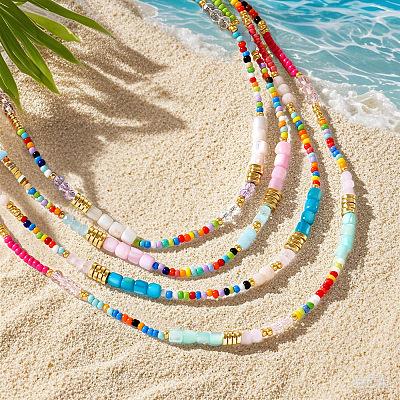 4Pcs 4 Styles Ethnic Style Rainbow Color Square Natural Shell & Glass & Glass Seed Beaded Necklaces for Women BO1499-1-1