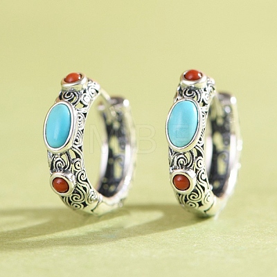 Oval Synthetic Turquoise Hoop Earrings EJEW-C178-07-1
