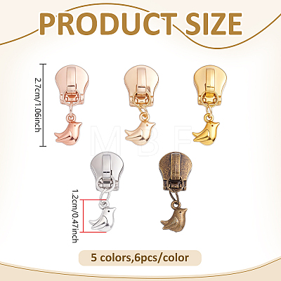 30Pcs 5 Colors Bird Charm Alloy Zipper Pull Tabs HJEW-ME00167-1