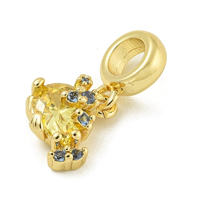 Rack Plating Brass Pave Yellow Cubic Zirconia Tortoise European Dangle Charms KK-Z067-60G-1