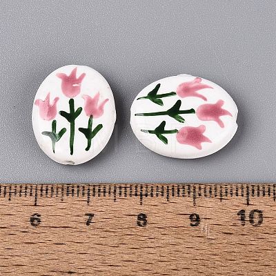 Hand Painted Tulip Flower Oval Porcelain Beads PORC-N012-11B-1