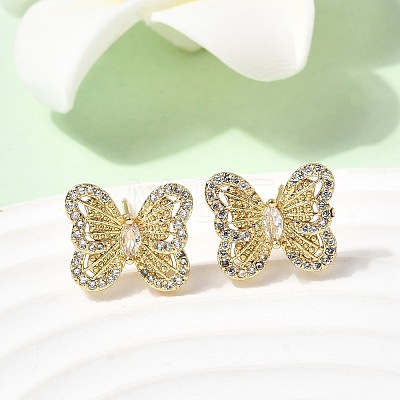 Butterfly Brass Micro Pave Clear Cubic Zirconia Stud Earrings EJEW-H180-19G-1
