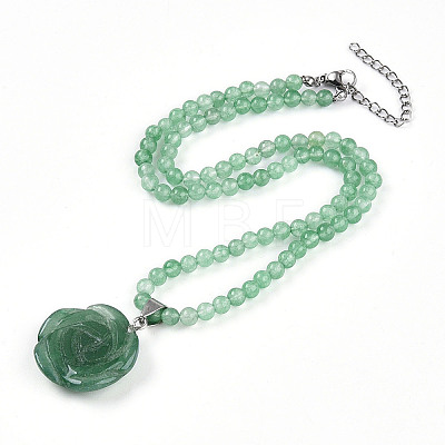 Natural Green Aventurine 4.5mm Round Beaded Flower Pendant Necklaces NJEW-T016-04F-1