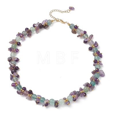 Round Natural Colorful Fluorite & Dyed Quartz & Natural Amethyst Chip Beaded Necklaces for Women NJEW-JN05813-1