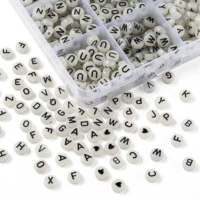 27 Style Flat Round with Black Letter & Heart Acrylic Luminous Beads SACR-YW0001-37-1