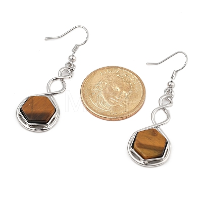 Hexagon Natural Tiger Eye Dangle Earrings EJEW-K298-01P-12-1