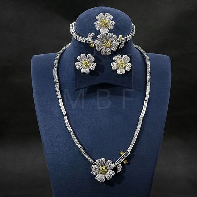 Flower Brass Micro Pave Cubic Zirconia Pendant Necklaces & Stud Earrings & Rings & Bracelets Sets WG9A1B1-04-1