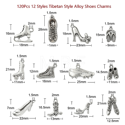 120Pcs 12 Styles Tibetan Style Alloy Shoes Charms TIBEP-CJ0002-17-1