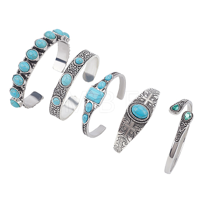 6Pcs 6 Styles Alloy Synthetic Turquoise Cuff Bangles for Women BJEW-ME0001-18-1