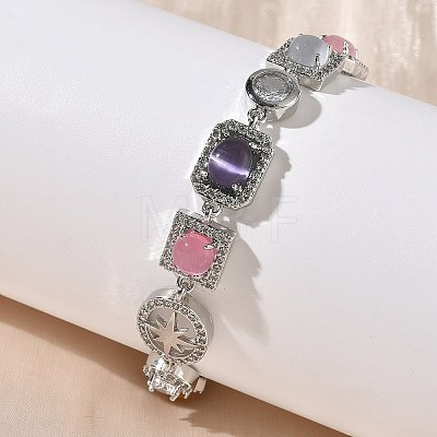 Brass Micro Pave Cubic Zirconia & Cat Eye Rectangle & Square & Oval Link Chain Bracelets for Women BJEW-G764-08P-1