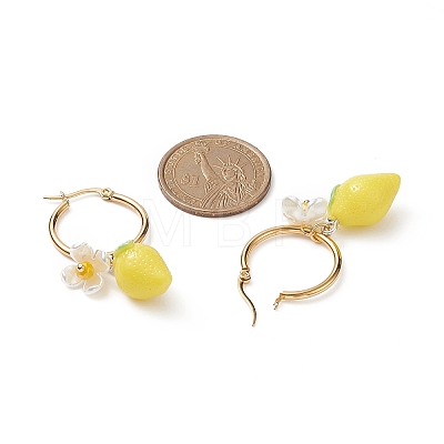 Resin Lemon with ABS Plastic Pearl Flower Dangle Hoop Earrings EJEW-TA00187-1
