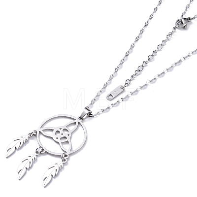 Triquetra/Trinity Knot with Woven Net/Web with Feather Pendant Necklaces NJEW-C042-03P-1
