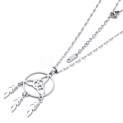 Non-Tarnish Triquetra/Trinity Knot with Woven Net/Web with Feather Pendant Necklaces NJEW-C042-03P-1