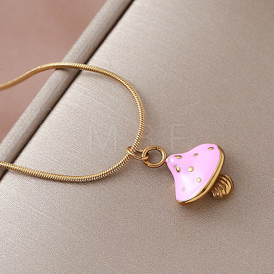 Autumn 304 Stainless Steel Enamel Pink Mushroom Pendant Necklaces for Women Men LI8986-1