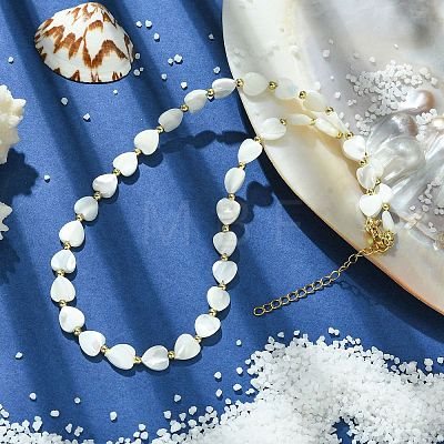 Natural Shell Heart & Alloy Beaded Necklaces for Women NJEW-TA00129-1