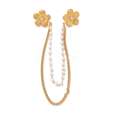 304 Stainless Steel Pave Clear Cubic Zirconia & ABS Pearl Flower Hanging Chain Brooch JEWB-S021-05G-1