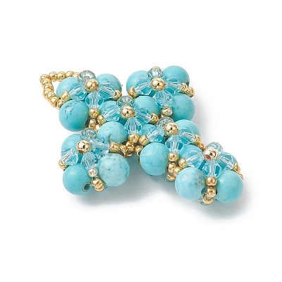 Synthetic Green Turquoise Round Beads & Glass Seed Beaded Cross Pendants PALLOY-MZ01151-04-1