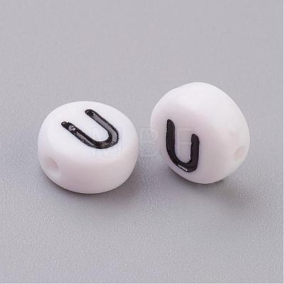 Flat Round with Letter U Acrylic Beads X-PL37C9070-U-1
