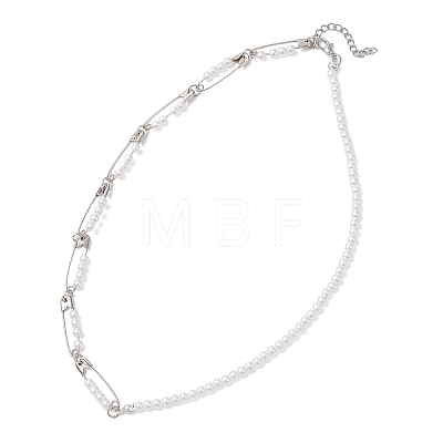 Iron Safety Pins and Acrylic Imitation Pearl Round Beaded Necklaces NJEW-JN05613-1