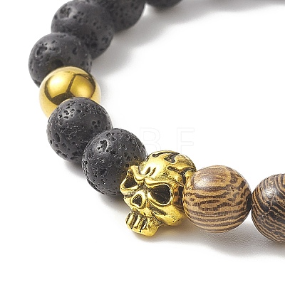 Natural Wenge Wood & Lava Rock Beaded Stretch Bracelet Sets with Synthetic Hematite Beads BJEW-JB09213-1
