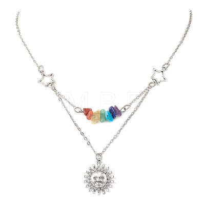 Chakra Gemstone Chip Beaded & Alloy Sun Moon Star Planet Pendant Brass Cable Chain Necklaces for Women NJEW-JN05794-1