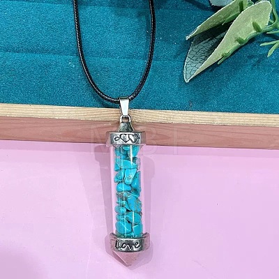 Zinc Alloy with Glass Hexagonal Bottle with Inner Synthetic Turquoise Chips Pendant Black PU Leather Cord Necklaces ZW0534-7-1
