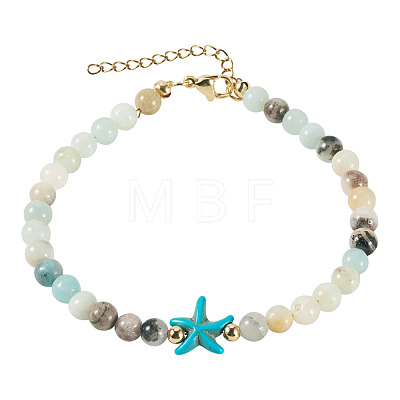 Ocean Dyed Synthetic Turquoise Starfish and Natural Flower Amazonite Round Beaded Anklets for Women AJEW-TA00060-1