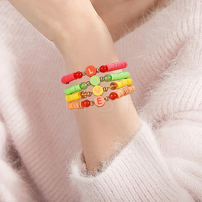 Handmade Polymer Clay Alphabet & Heishi Beads Stackable Stretch Bracelets Set BJEW-SZ0002-10-1