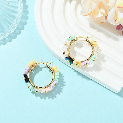 201 Stainless Steel & Resin Beaded Flower Hoop Earrings EJEW-JE07175-02-1