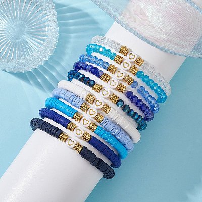 10Pcs Polymer Clay Disc & Glass & Brass Beaded Stretch Bracelets Set BJEW-JB09676-01-1