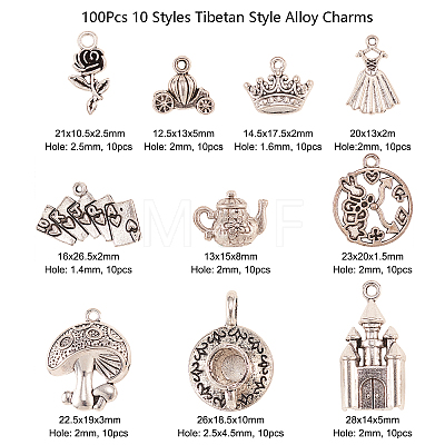 100Pcs 10 Styles Fairy Tales Theme Tibetan Style Alloy Pendants TIBEP-CJ0001-63-1