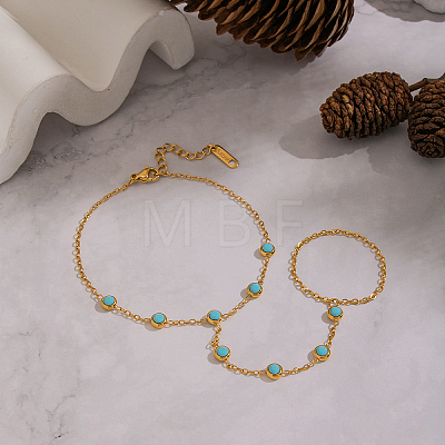 304 Stainless Steel Pave Synthetic Turquoise Link Ring Bracelets VX6527-1