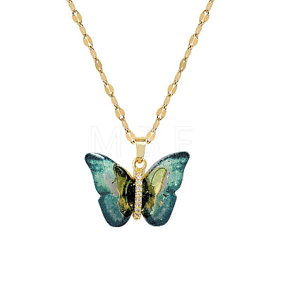 Brass Crystal Rhinestone Resin Glitter Butterfly Pendant 304 Stainless Steel Dapped Chain Necklaces for Women WG45291-01-1