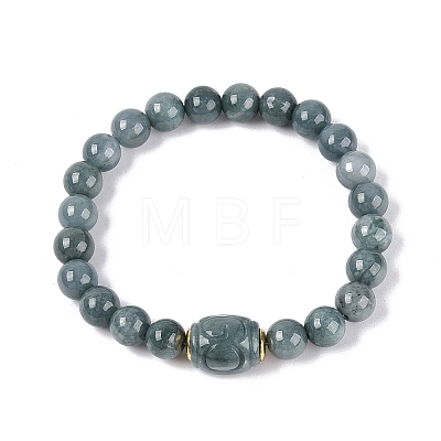 Natural Myanmar Jade Round and Carved Barrel Beaded Stretch Bracelets BJEW-Q100-04-1