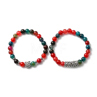 Natural Agate Stretch Bracelets Set with Alloy Owl Beaded ANIM-PW0003-027C-1