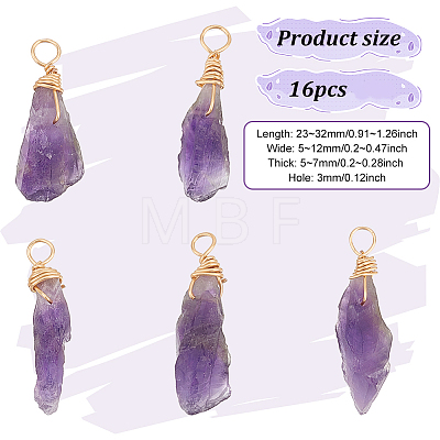 16Pcs Raw Rough Natural Amethyst Copper Wire Wrapped Pendants PALLOY-AB00104-1