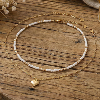 Stainless Steel Heart Pendant White Glass Seed Beaded Double Layer Necklaces CO2077-1-1