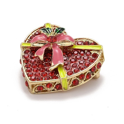 Red Heart Christmas Gift Box Enamel Pin with Rhinestone JEWB-A004-09G-1
