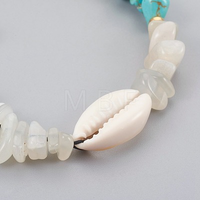 Synthetic Turquoise(Dyed) & Natural White Moonstone Chip Braided Bead Bracelets BJEW-JB04080-03-1