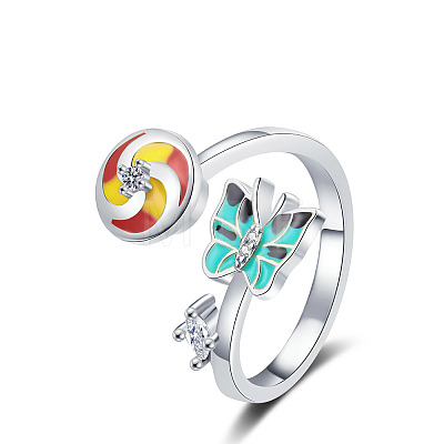 Butterfly & Windmill Enamel Rotatable Cuff Rings for Women RJEW-R005-10P-1