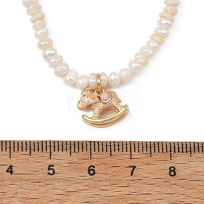 Brass Enamel Pink Rocking Horse Pendant Natural Cultured Freshwater Pearl Beaded Necklaces for Women NJEW-JN06163-1